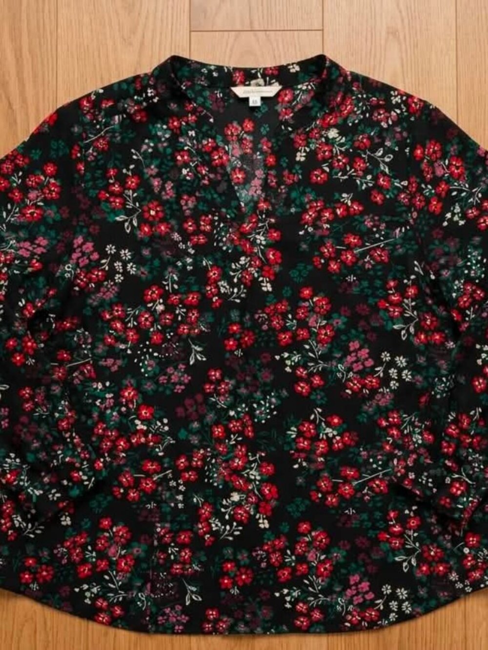 Maurices Black Red Floral V-Neck 3/4 Sleeve Blouse XXL #292